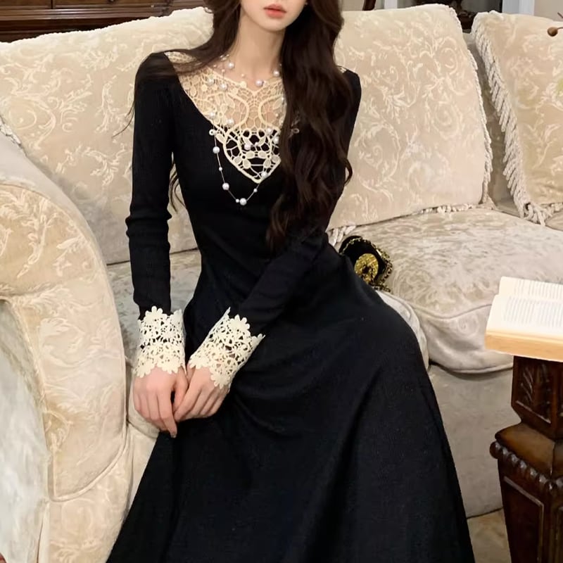 【dress】レースドッキングニットワンピース Q6862