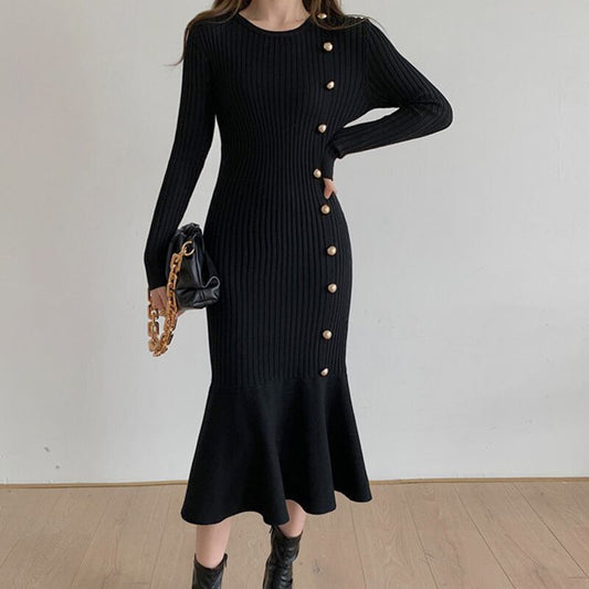 【dress】一目惚れ！ラウンドネック長袖体型カバーファッション無地ニットマーメイドワンピースF0887
