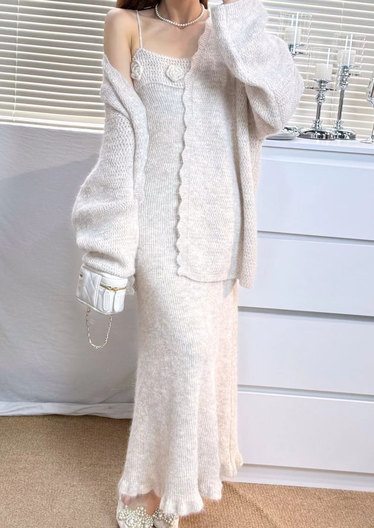 【set】キャミニットワンピース×カーディガンセット Q6953