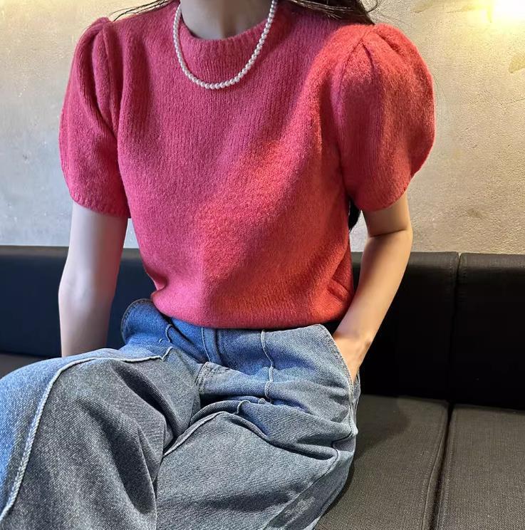 【tops】半袖パフ袖ニットＴシャツF7427