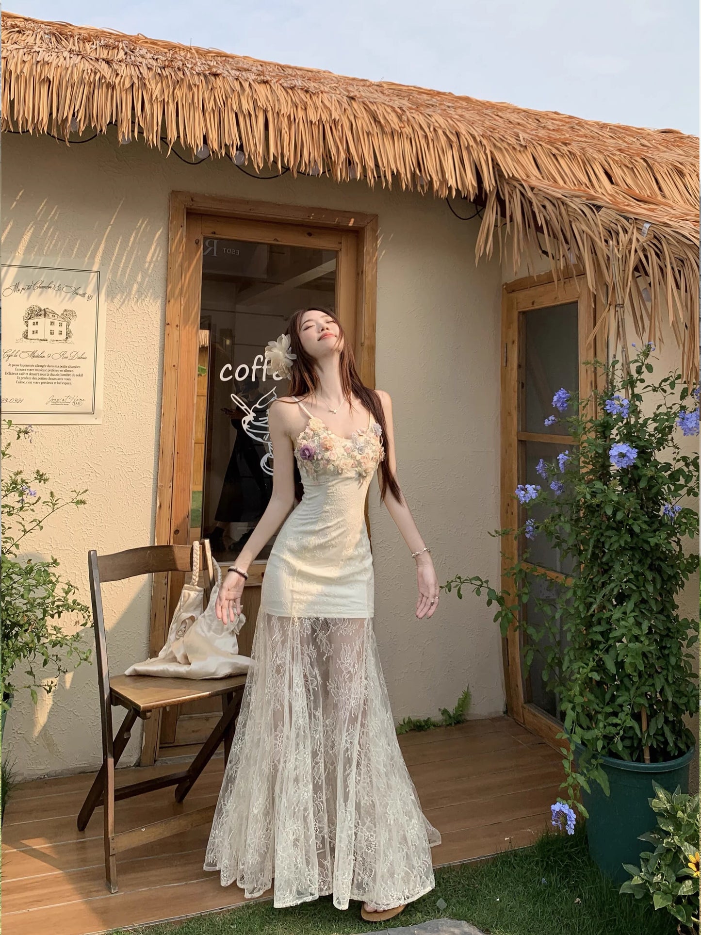 【dress】フラワー付きチュールドッキングロングキャミワンピース Q8259