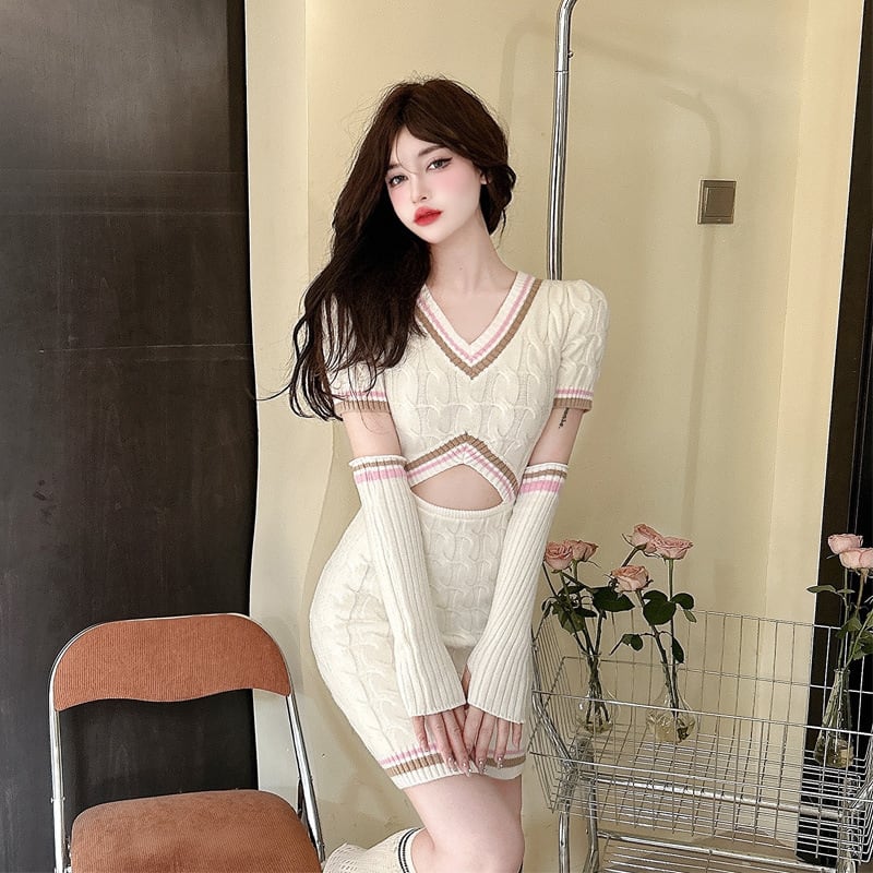 【dress】アームカバー付きニットワンピース　M27832