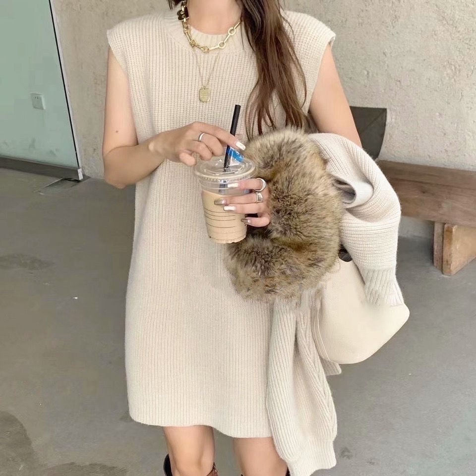 【set】2点セット無地パフスリーブセーター+体型カバーワンピース通勤日常ニットセットアップF0855