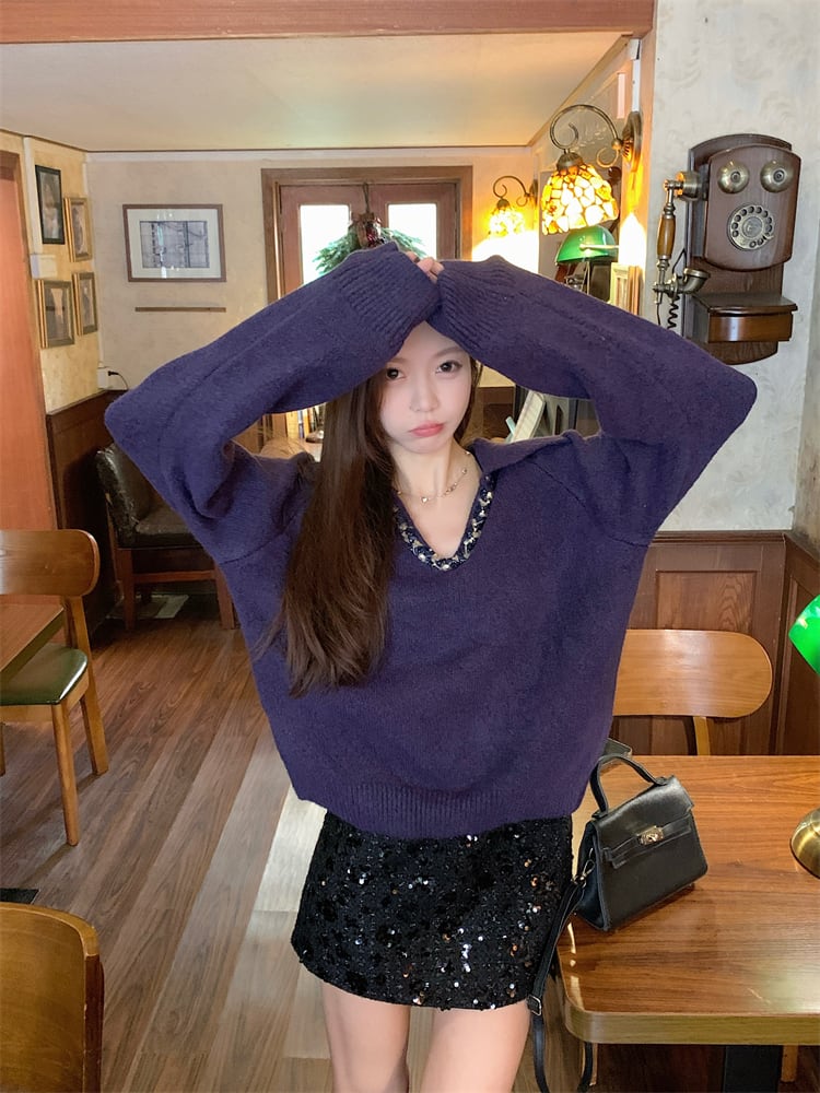 【set】Ⅴネックニットトップス×スパンコールスカートセット　M28146