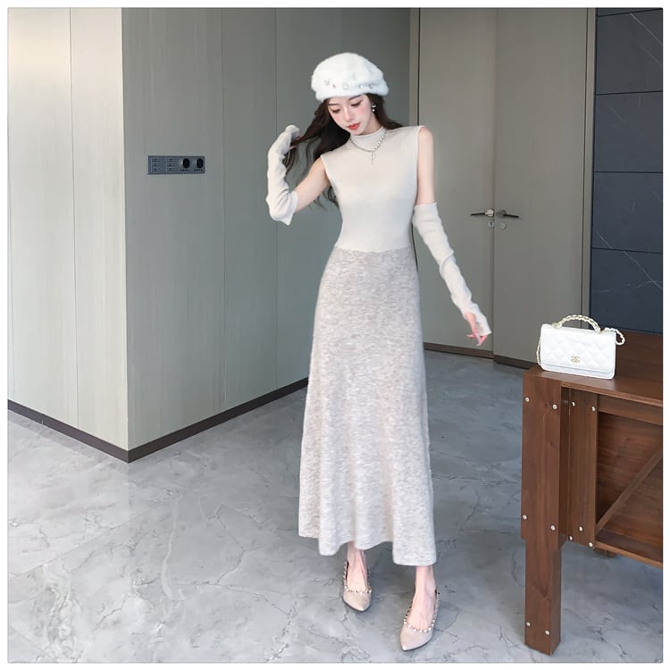 【dress】アームカバー付きドッキングニットワンピース　M28118
