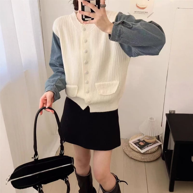 【outer】デニムドッキングニットカーディガン Q7152
