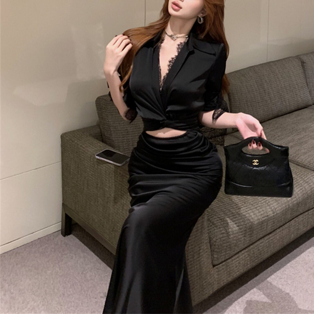 【dress】レース切り替えポイントオープンデートワンピース　N2695