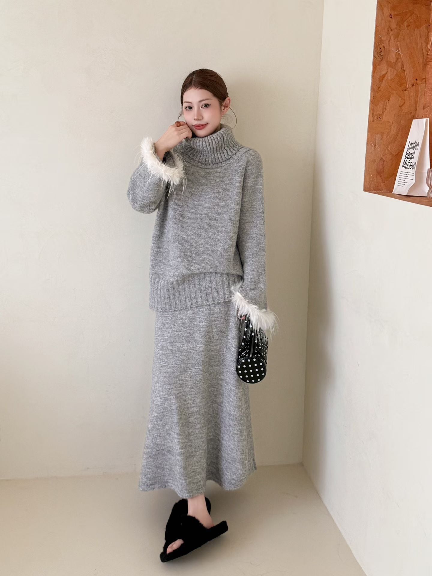 【set】2WAY袖ファーニットトップス×ロングスカートセット Q7279