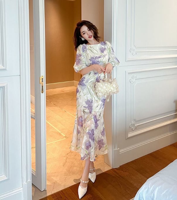 【dress】オシャレ度満点〜OL通勤夏新作ラウンドネック半袖パフ袖花柄配色ワンピースF5441