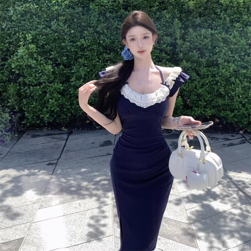 【dress】スリット入れレースドッキングロングワンピース Q8315