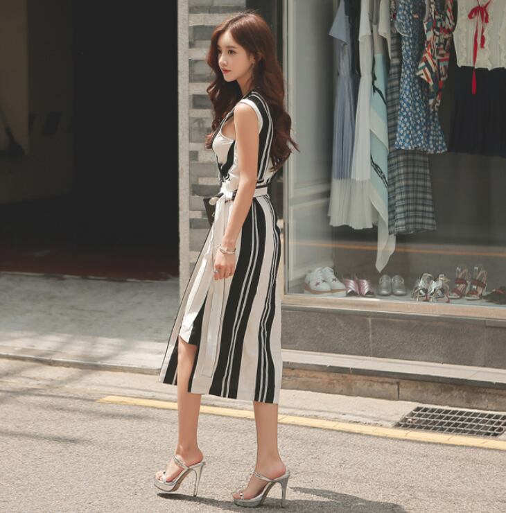 【dress】知的で品の良いエレガント夏新作Vネックノースリーブ韓国風ストライプ柄ウエストリボンワンピースF2360