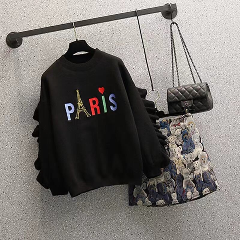 【set】話題沸騰中2点セットラウンドネック長袖パーカー+動物柄配色Aラインスカート通勤日常おしゃれセットアップF1310