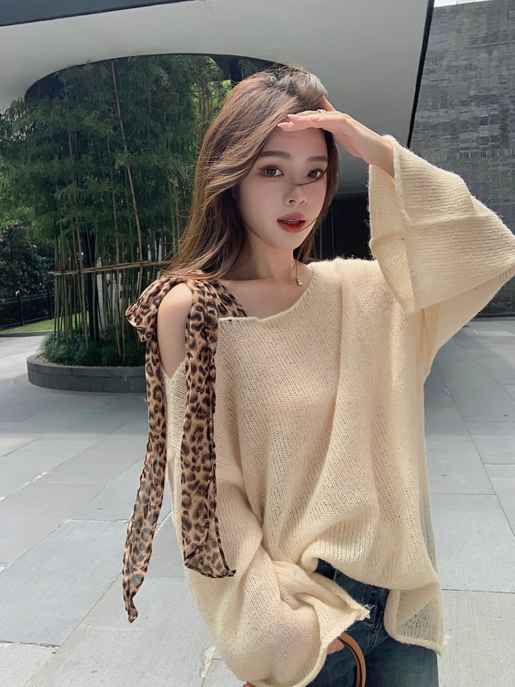 【tops】ヒョウ柄ショルダーリボンニットトップス　N3333