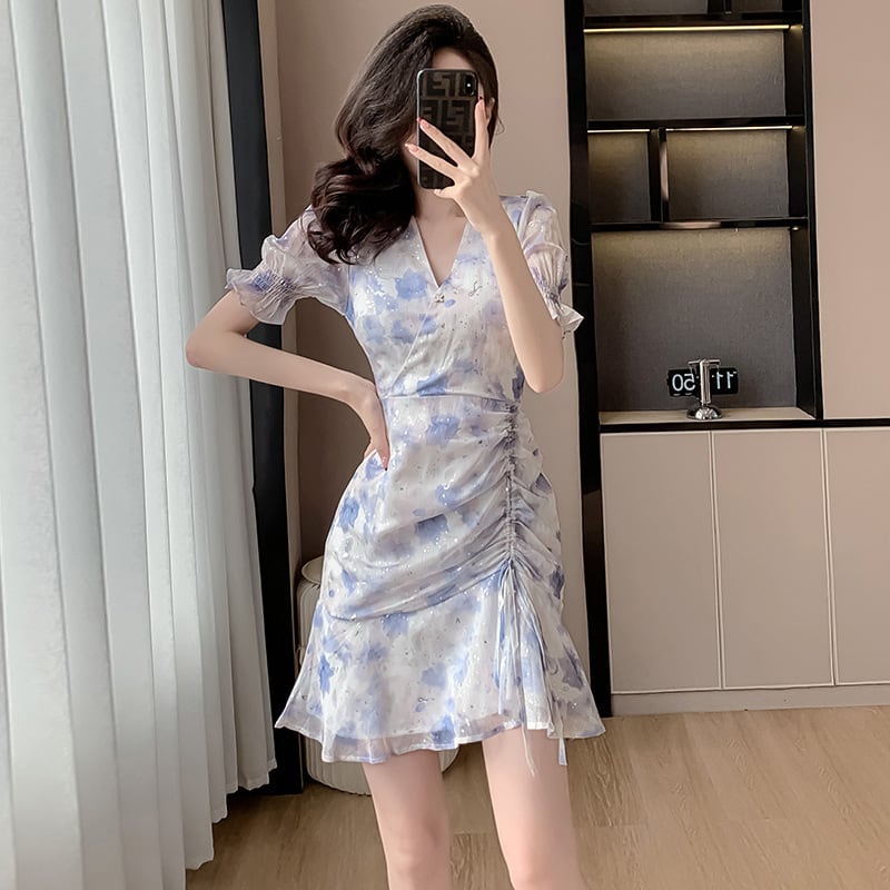 【dress】Vネック花柄シフォンマーメイドワンピース G21275