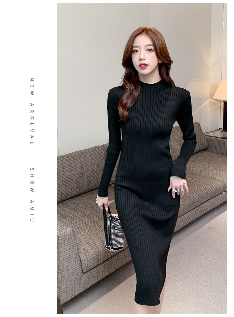 【dress】一目惚れ！2色ハーフネック長袖着やせ体型カバー無地ニットワンピースF1624