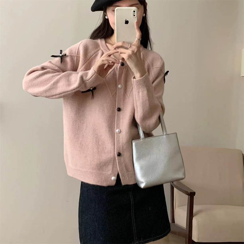 【outer】リボン付きニットカーデ　M25988
