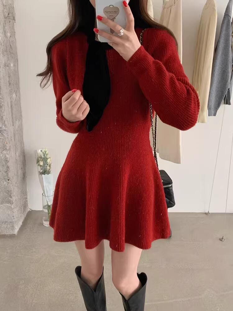 【dress】スカーフカラーニットワンピース Q7482