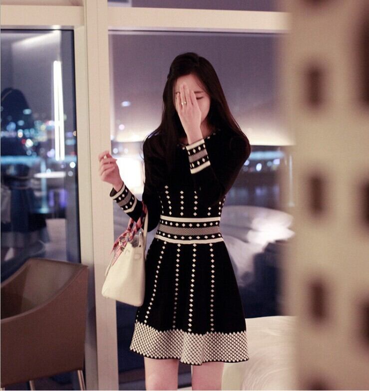 【dress】好感度UP!気質満点レトロスウィート長袖着痩せニットワンピース G1455