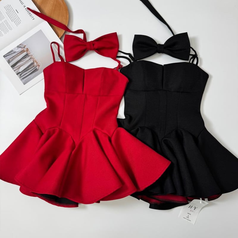 【dress】ネックリボン付きフレアキャミワンピース Q7943