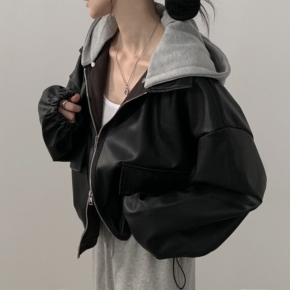 【outer】フード付きPUWジップジャケット　M29774