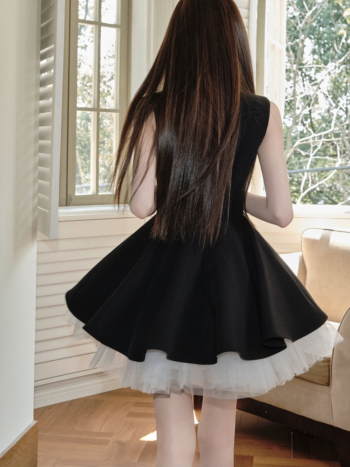 【dress】チュールドッキングノースリーブワンピース　N3093