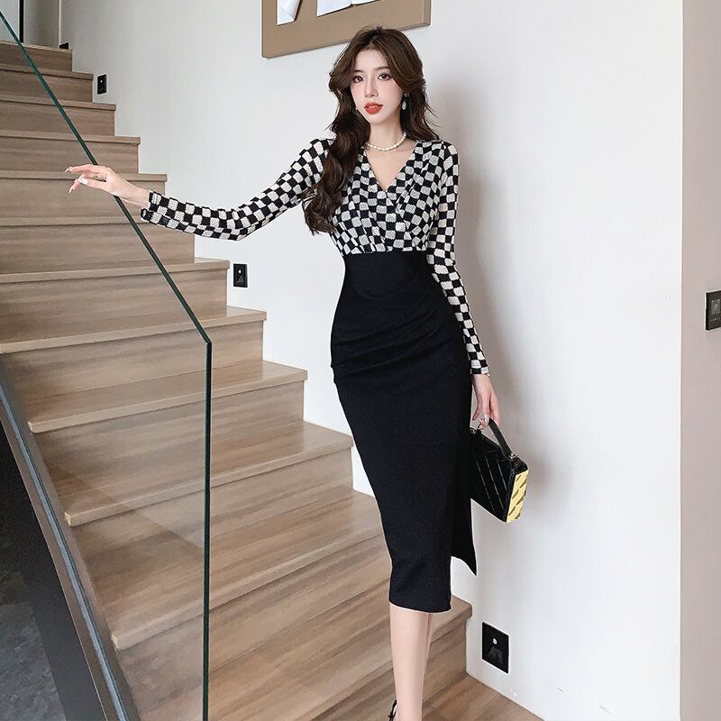 【dress】Vネック長袖切り替えワンピースG16919