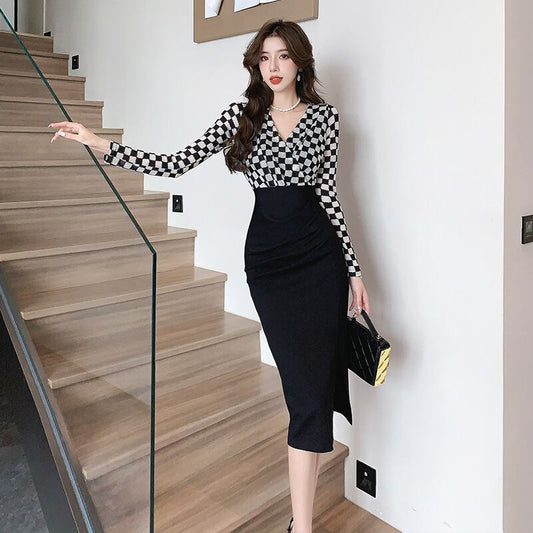 【dress】Vネック長袖切り替えワンピースG16919