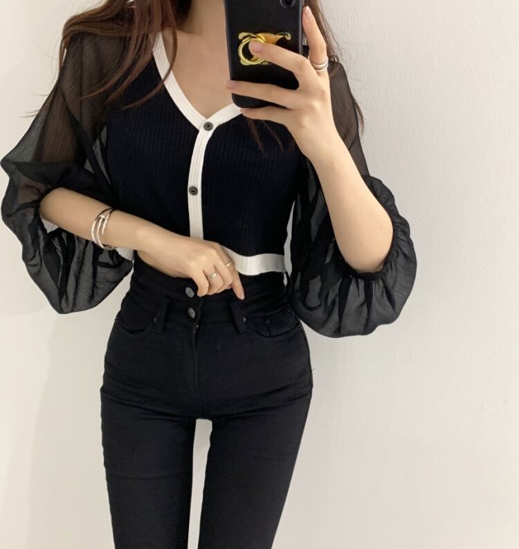 【tops】Vネック ランタンスリーブ切り替えトップスニット G15684