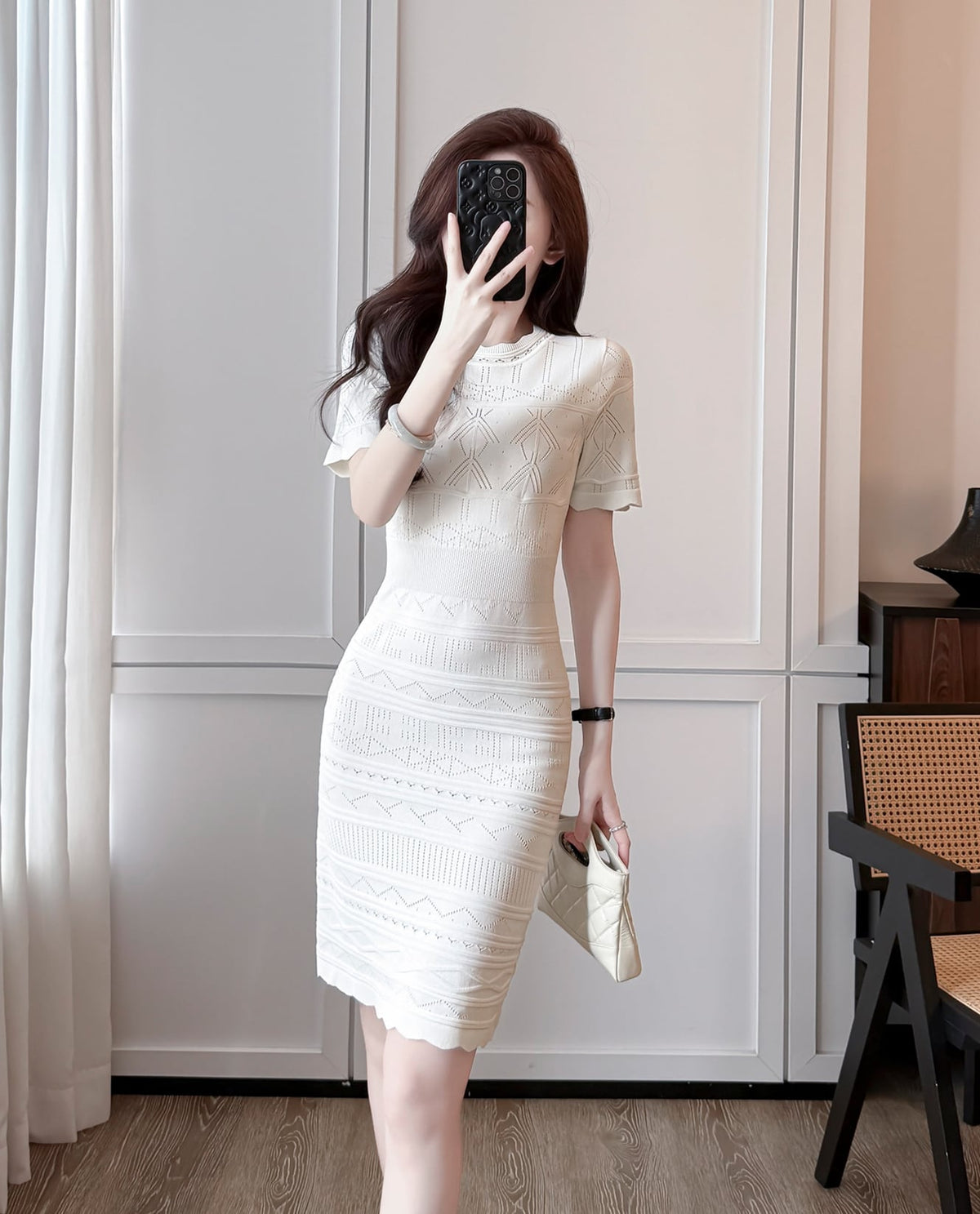 【dress】半袖透かし編みニットワンピース Q8492