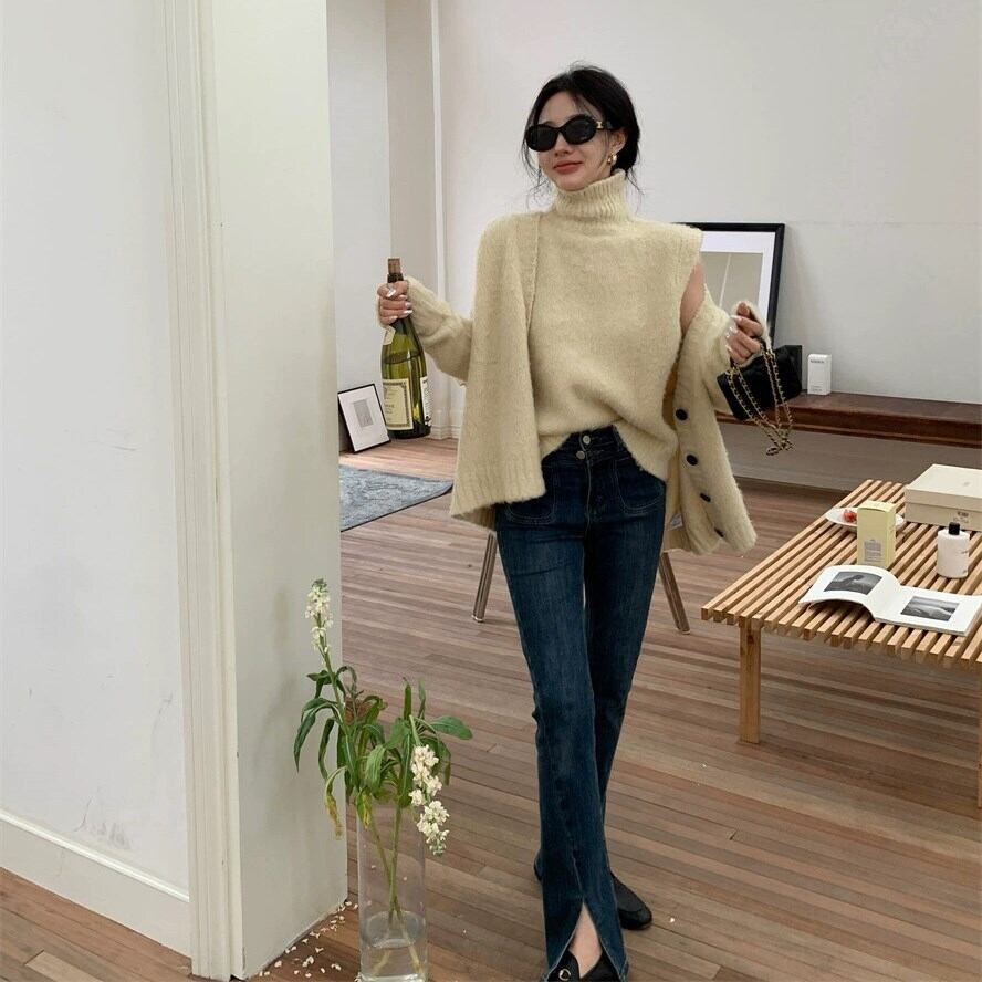 【tops】ハイネックノースリニットトップス×カーディガンセット　N2147