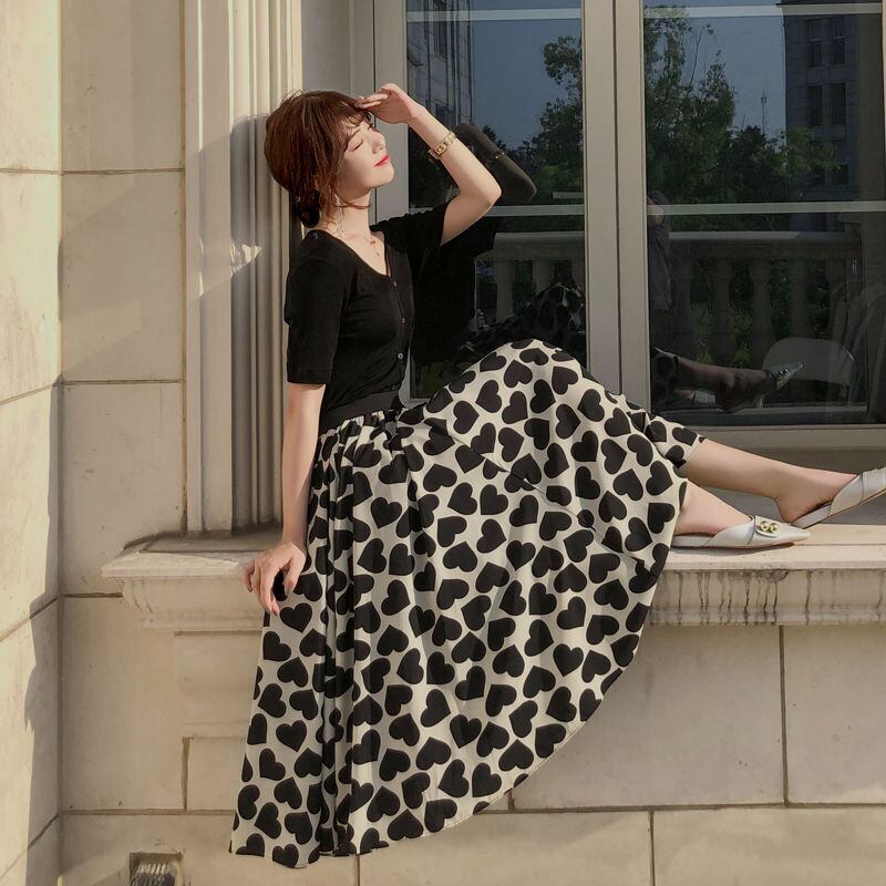 【bottoms】ハート柄Aライン花柄レディースファッションOL通勤ミッドウエストスカート