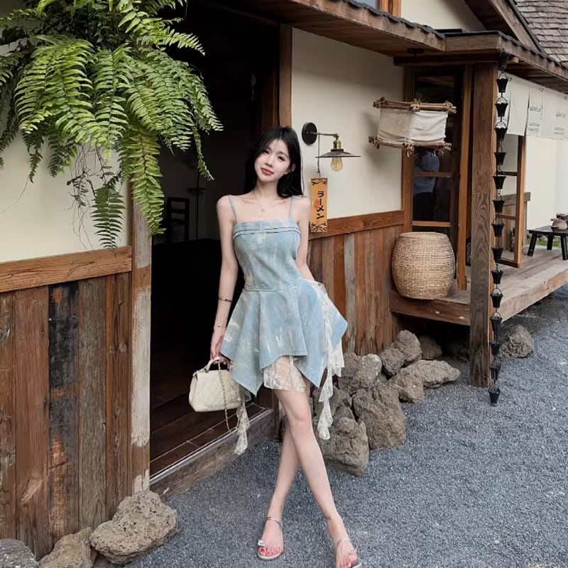 【dress】レースドッキングデニムキャミワンピース Q8340