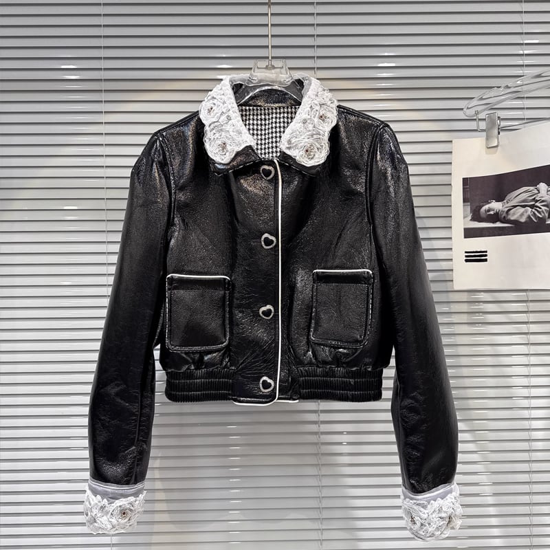 【outer】レースドッキングPUジャケット Q7334