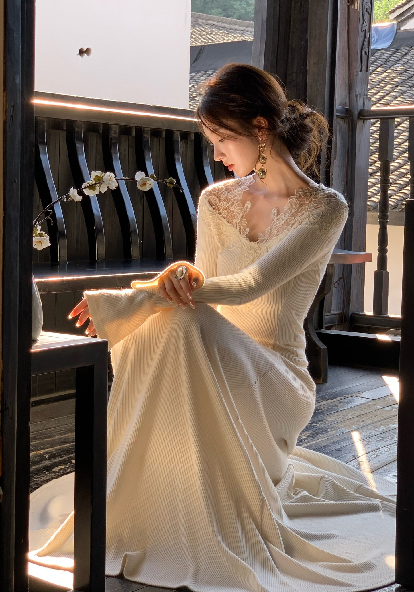 【dress】レーストリミングニットワンピース　N3392