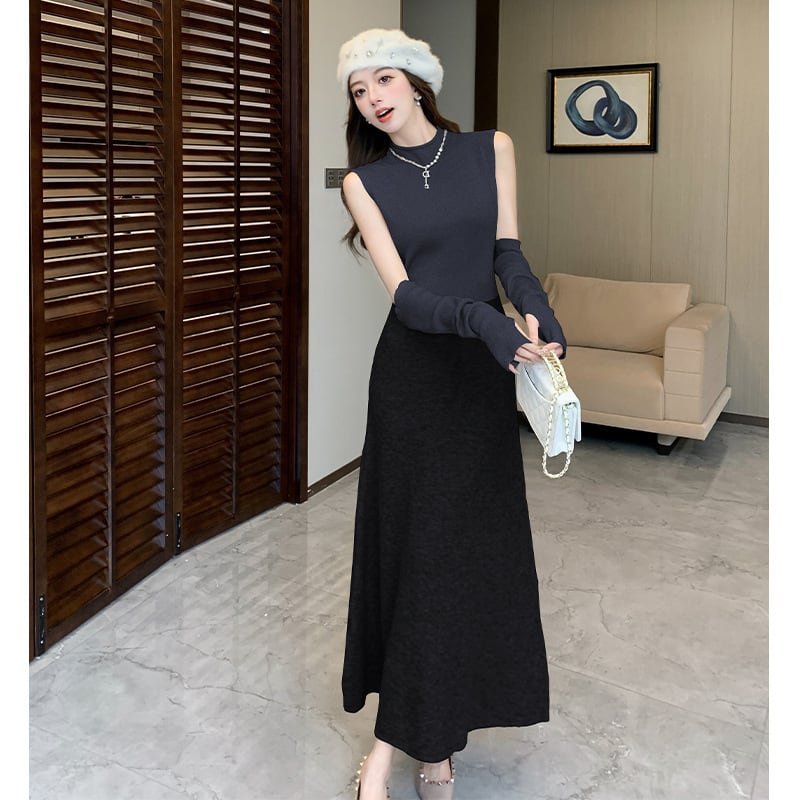 【dress】アームカバー付きドッキングニットワンピース　M28118