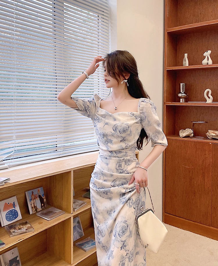 【dress】細身効果抜群♪スクエアネック5分袖花柄配色スリット韓国ファッションギャザーワンピースF2797