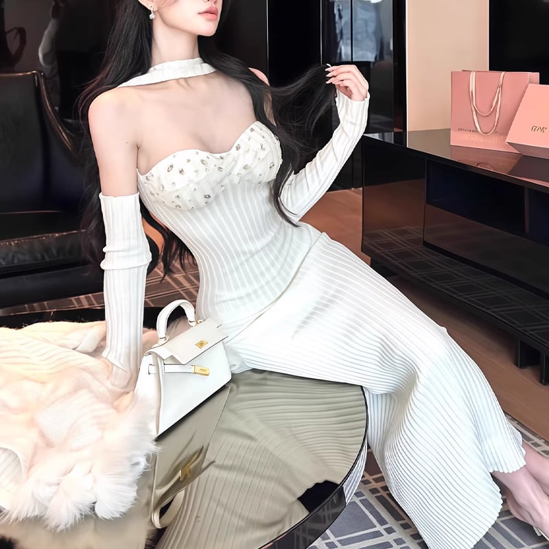 【dress】胸パット付きホルターネックニットワンピース Q7741