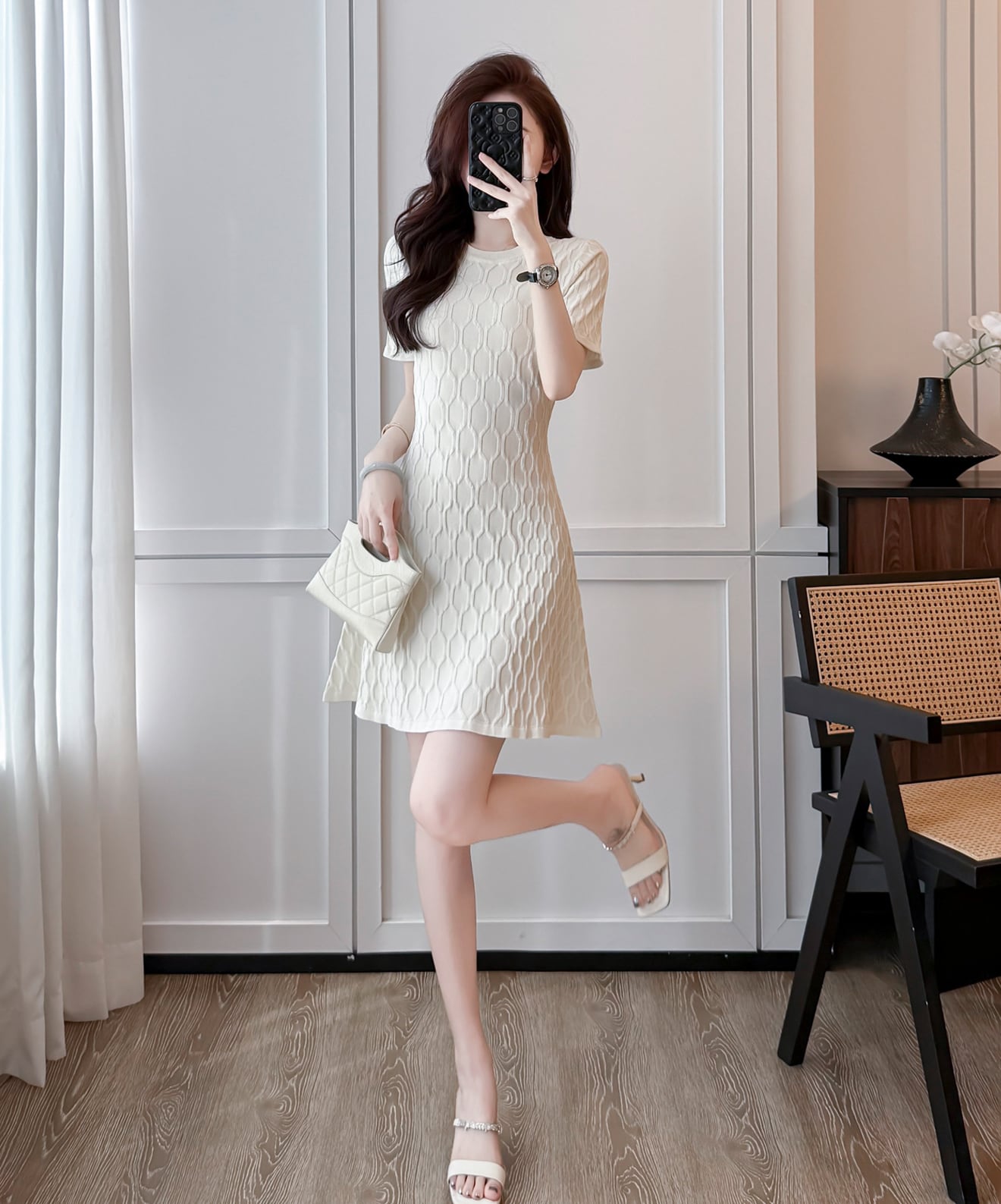 【dress】Aライン半袖ニットワンピース Q8490