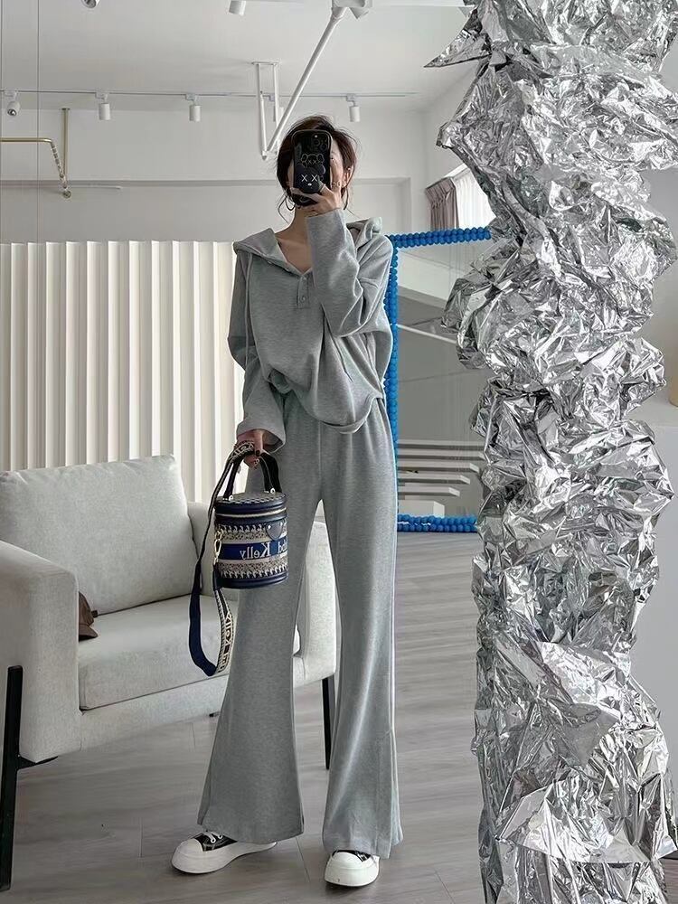 【set】好感度満載！3色ゆったり長袖パーカー+無地ガウチョパンツ通勤日常セットアップF4785