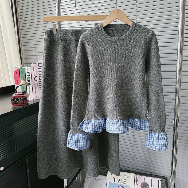 【set】チェック柄切り替えニットセーター×スカートセット　M28388