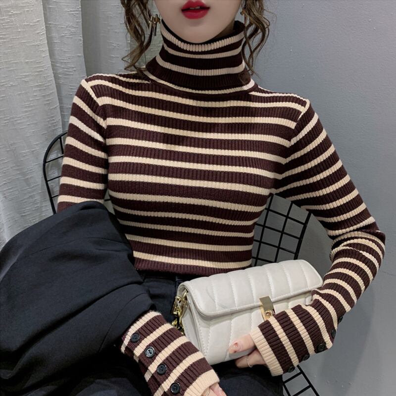 【tops】一目惚れ！4色ハイネック長袖体型カバーボーダー柄ファッションニットセーターF1046