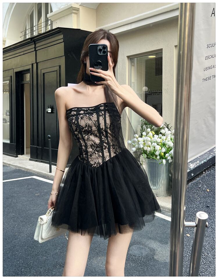 【dress】レース切り替えチュールワンピース　M29849