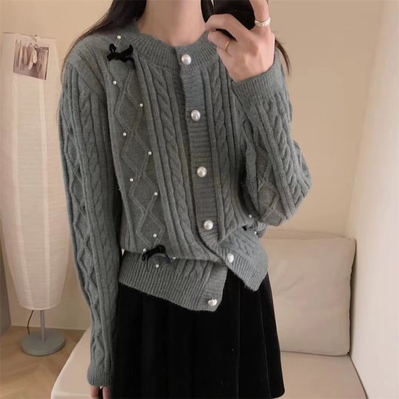 【outer】リボン付きパールニットカーデ　M25848