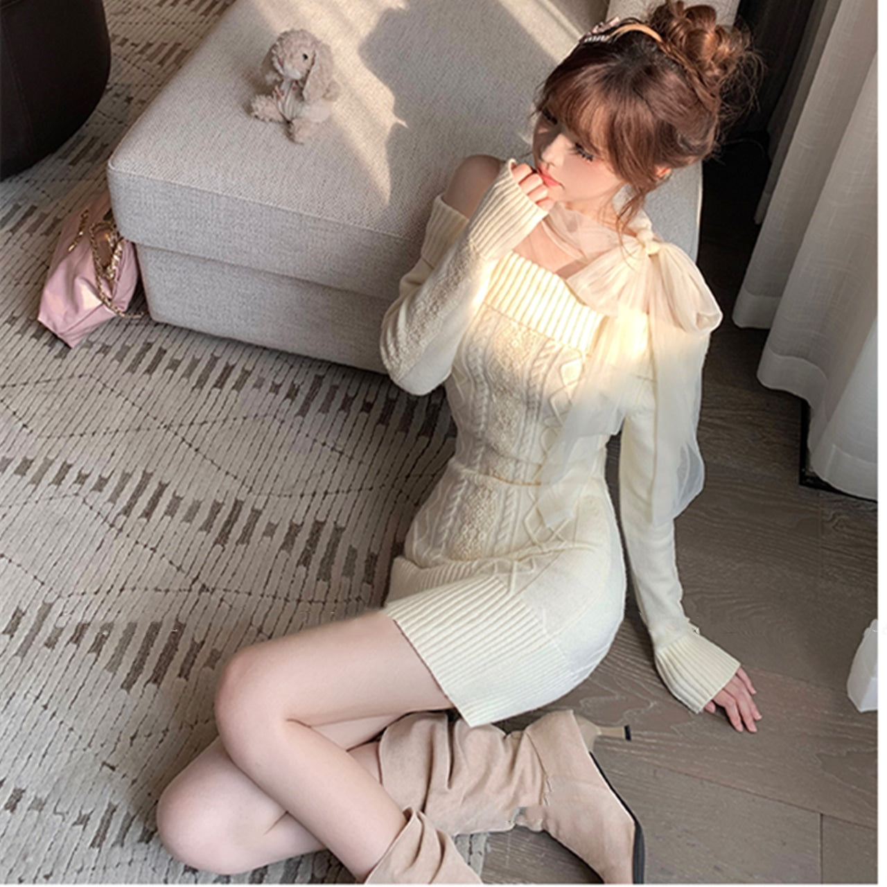 【dress】チュールドッキングリボンニットワンピースF8471