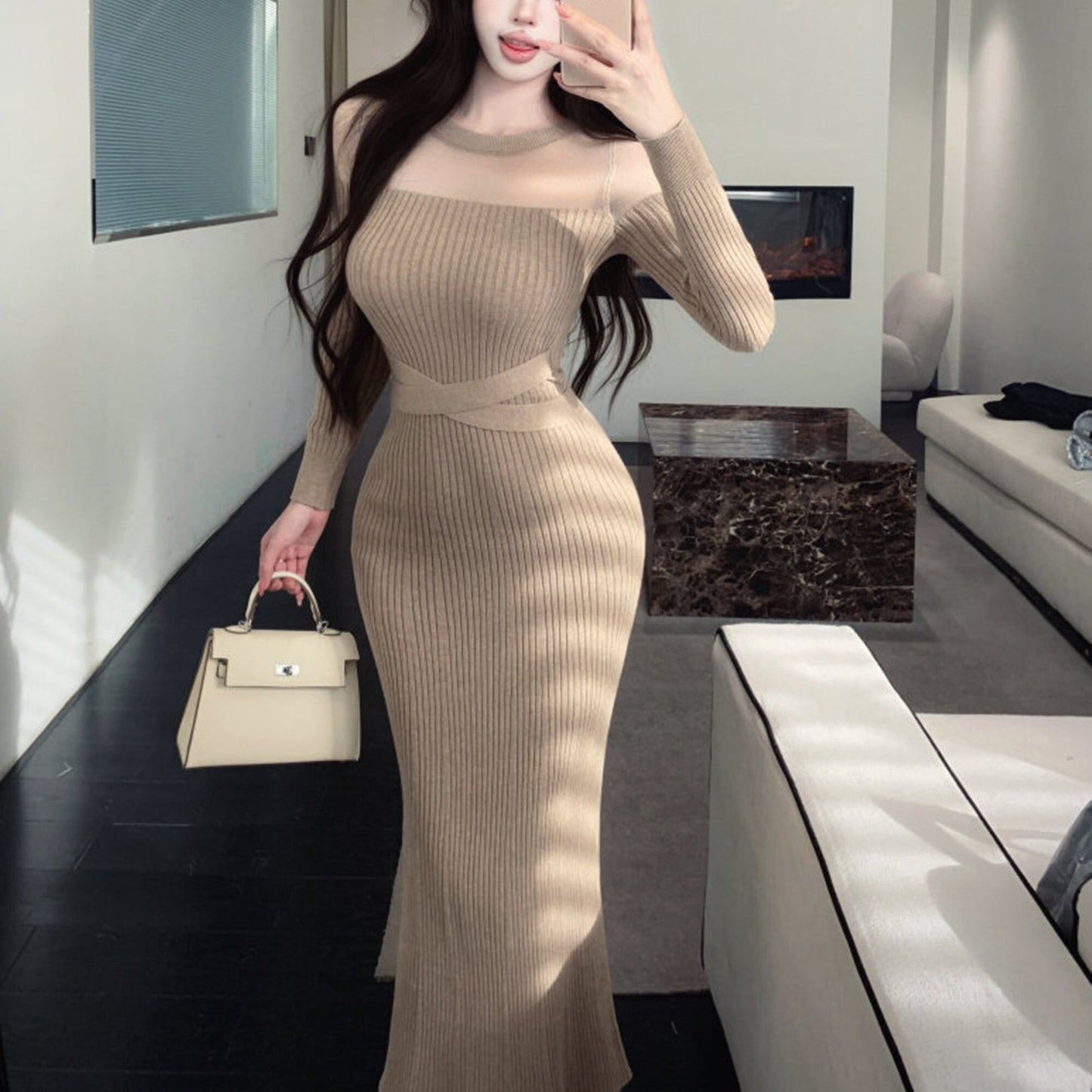【dress】透け感マーメイドニットワンピース　N3517