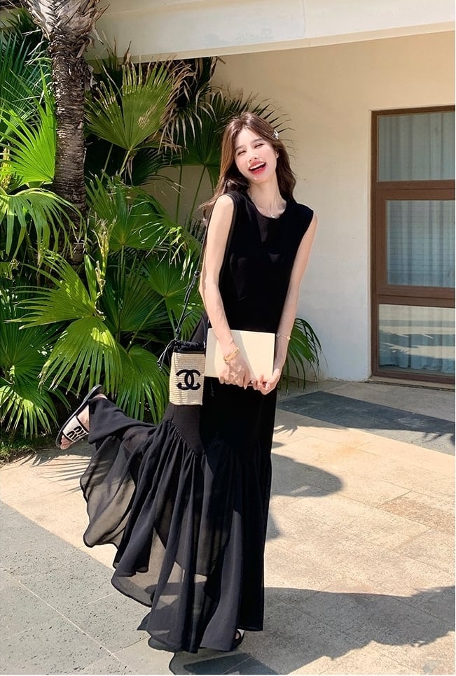 【dress】チュールドッキングロングワンピース　K0554