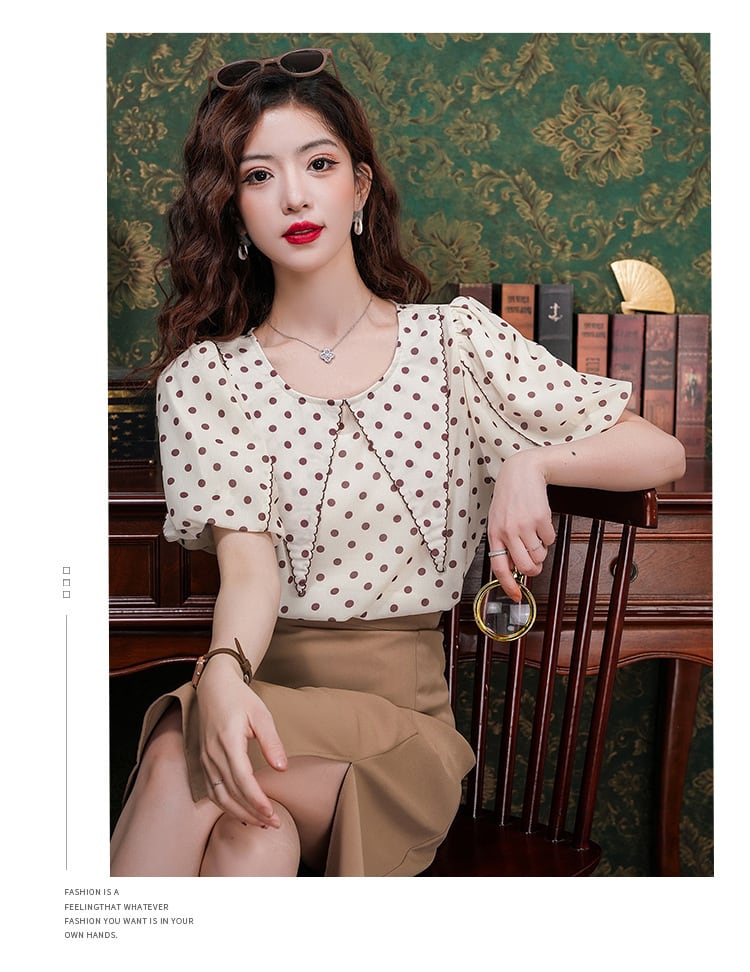 【tops】パフスリーブ ドット柄ブラウスG21040