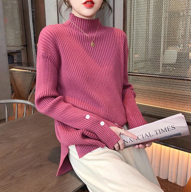 【tops】女性力を高める〜ハーフネック長袖体型カバーファッション無地ニットセーターF0839