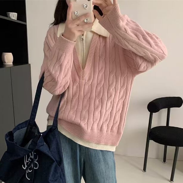 【tops】ファスナー切り替えニットセーター　M27687