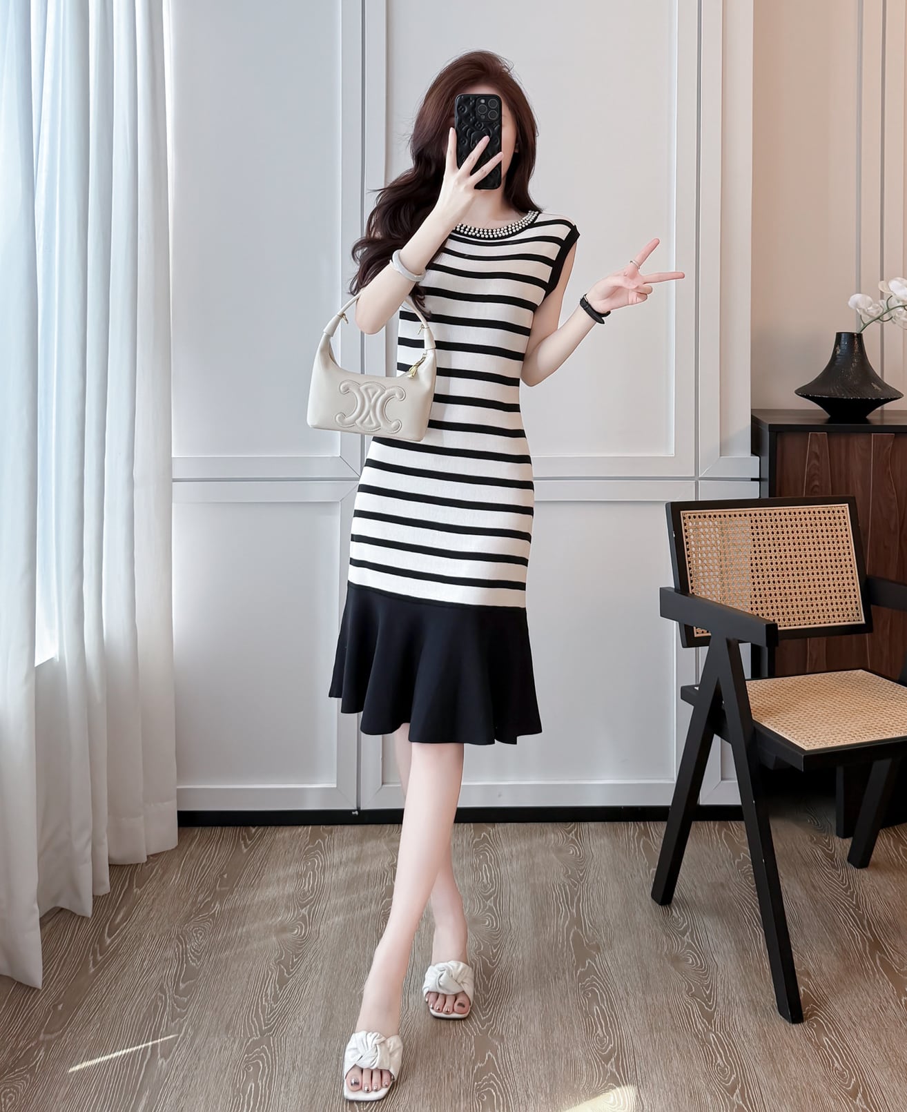 【dress】ノースリーブボーダー柄ニットワンピース Q8491